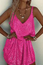 Women's Sequin Mini Dress – V-Back Evening Party Fit-Mini Dress-Pink-S-
