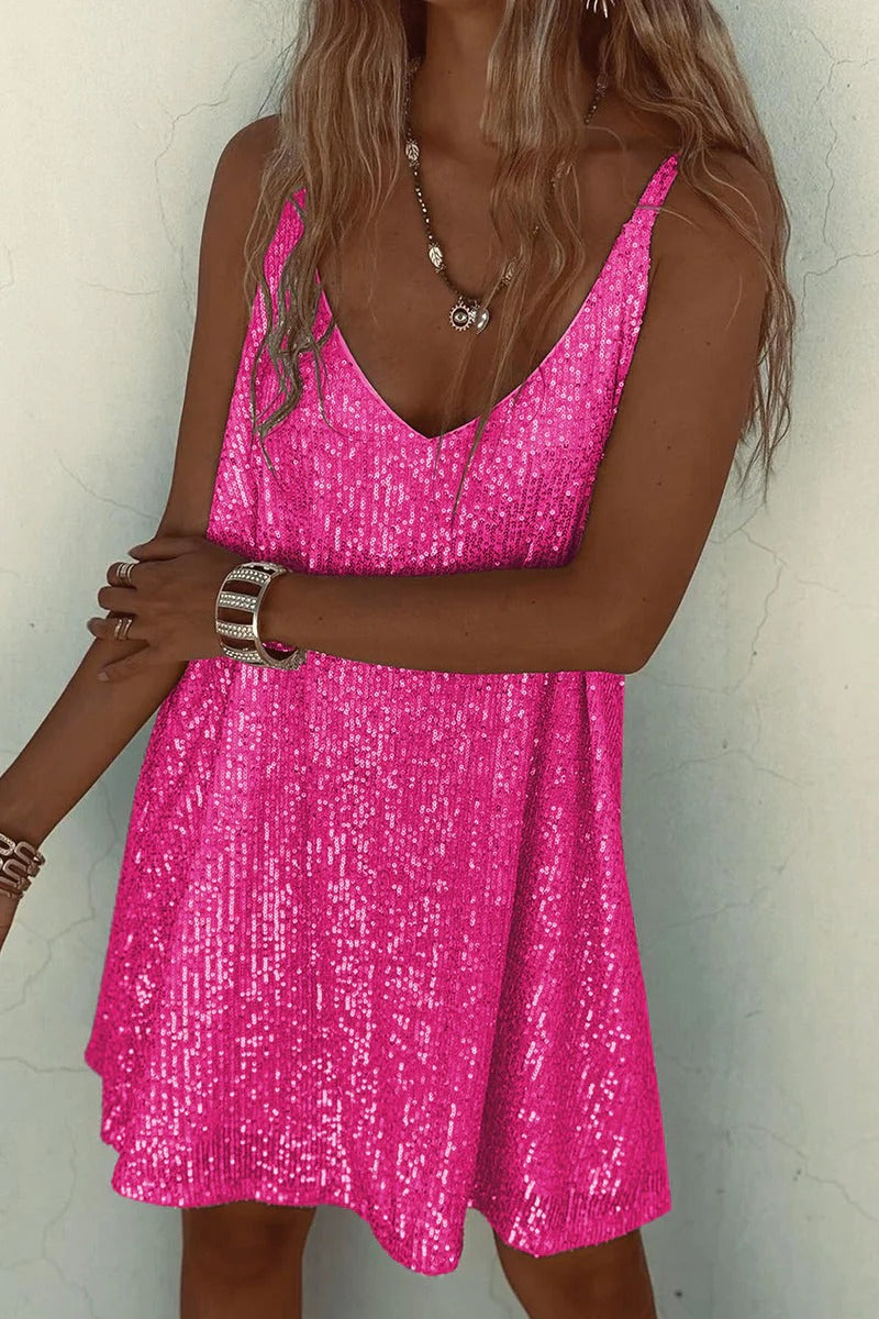 Women's Sequin Mini Dress – V-Back Evening Party Fit-Mini Dress-Silver-S-