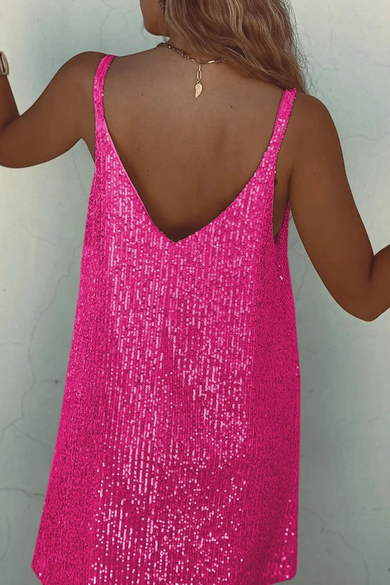 Women's Sequin Mini Dress – V-Back Evening Party Fit-Mini Dress-Silver-S-