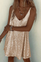 Women's Sequin Mini Dress – V-Back Evening Party Fit-Mini Dress-Silver-S-