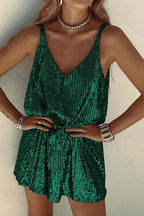 Women's Sequin Mini Dress – V-Back Evening Party Fit-Mini Dress-Green-S-