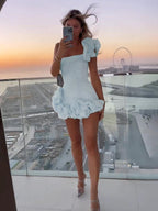 Women's Romance Layered Mini Dress – Dreamy Ruffle Evening Fit-Mini Dress-White-S-