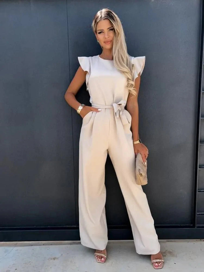 Mireya | Women's Bow Tie Wide Leg Jumpsuit Flutter Sleeve Belted Waist Elegant Tailored Playsuit-Jumpsuit-Beige-S-Camoufit
