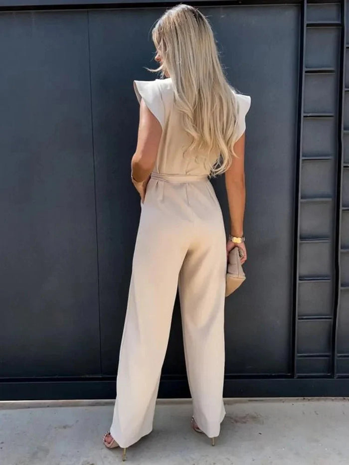 Mireya | Women's Bow Tie Wide Leg Jumpsuit Flutter Sleeve Belted Waist Elegant Tailored Playsuit-Jumpsuit-Beige-S-Camoufit