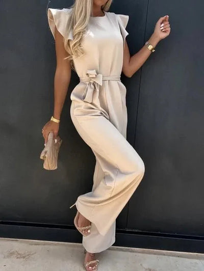 Mireya | Women's Bow Tie Wide Leg Jumpsuit Flutter Sleeve Belted Waist Elegant Tailored Playsuit-Jumpsuit-Beige-S-Camoufit