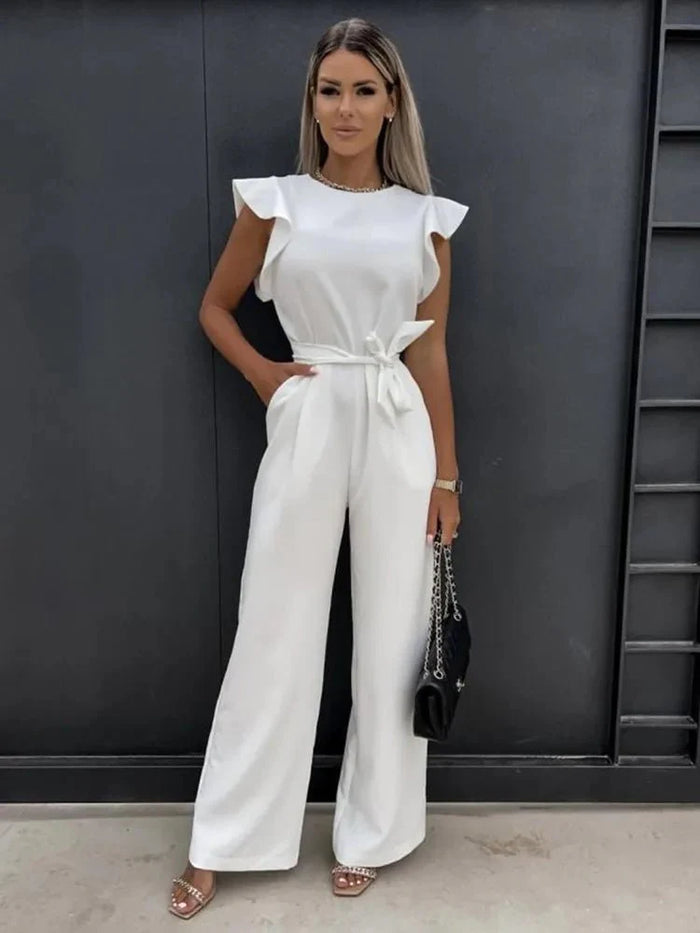 Mireya | Women's Bow Tie Wide Leg Jumpsuit Flutter Sleeve Belted Waist Elegant Tailored Playsuit-Jumpsuit-White-S-Camoufit