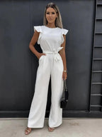 Mireya | Women's Bow Tie Wide Leg Jumpsuit Flutter Sleeve Belted Waist Elegant Tailored Playsuit-Jumpsuit-White-S-Camoufit