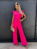 Mireya | Women's Bow Tie Wide Leg Jumpsuit Flutter Sleeve Belted Waist Elegant Tailored Playsuit-Jumpsuit-Pink-S-Camoufit