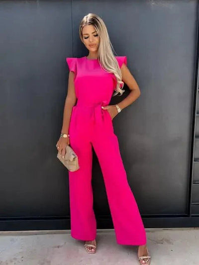 Mireya | Women's Bow Tie Wide Leg Jumpsuit Flutter Sleeve Belted Waist Elegant Tailored Playsuit-Jumpsuit-Pink-S-Camoufit