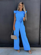 Mireya | Women's Bow Tie Wide Leg Jumpsuit Flutter Sleeve Belted Waist Elegant Tailored Playsuit-Jumpsuit-Blue-S-Camoufit