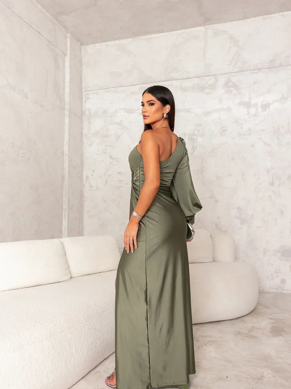 Auraya | Women's Satin Maxi Dress – One Shoulder Evening Elegant Fit-Evening Dress-Green-S-