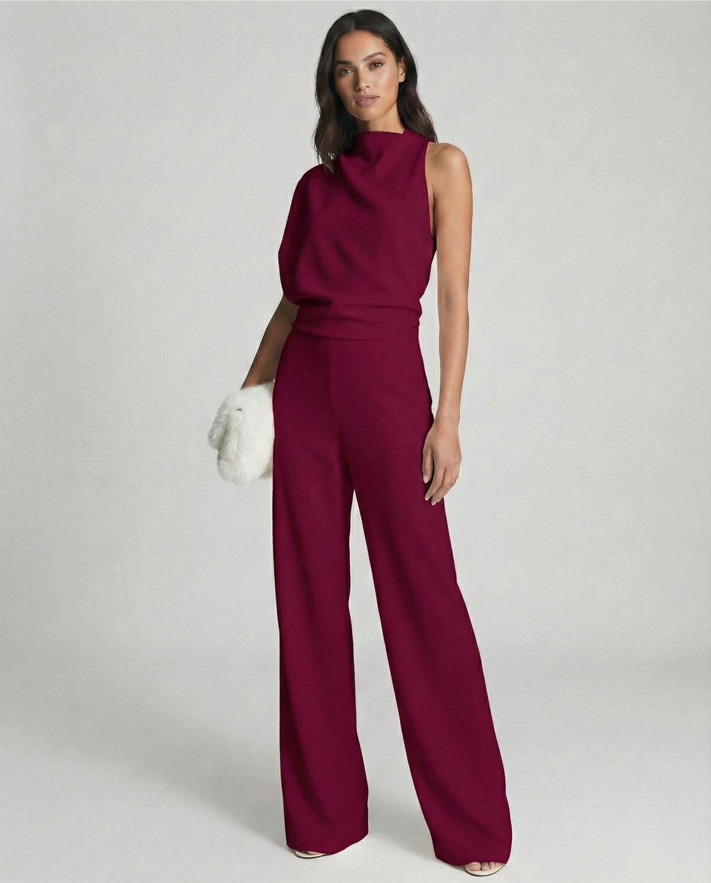 Roséa | Women's Elegant One Shoulder Jumpsuit High Waist Sleeveless Tailored Evening Playsuit-Jumpsuit-Burgundy-S-Camoufit