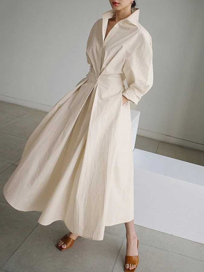 Vayana | Pleated Shirt Dress for Women - Tailored Lightweight Flowy Versatile Fit-Dresses-Beige-S-Camoufit