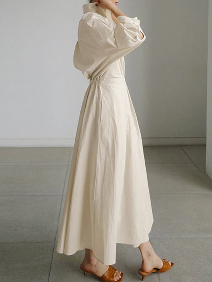 Vayana | Pleated Shirt Dress for Women - Tailored Lightweight Flowy Versatile Fit-Dresses-Beige-S-Camoufit