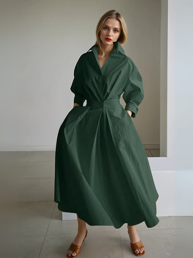 Vayana | Pleated Shirt Dress for Women - Tailored Lightweight Flowy Versatile Fit-Dresses-Green-S-Camoufit