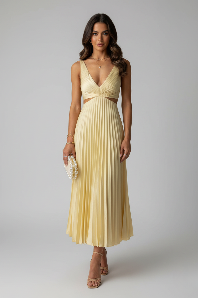 Aveline Pleated Wedding Guest Midi Dress – Elegant Flow Fit-Midi Dresses-Yellow-S-Camoufit