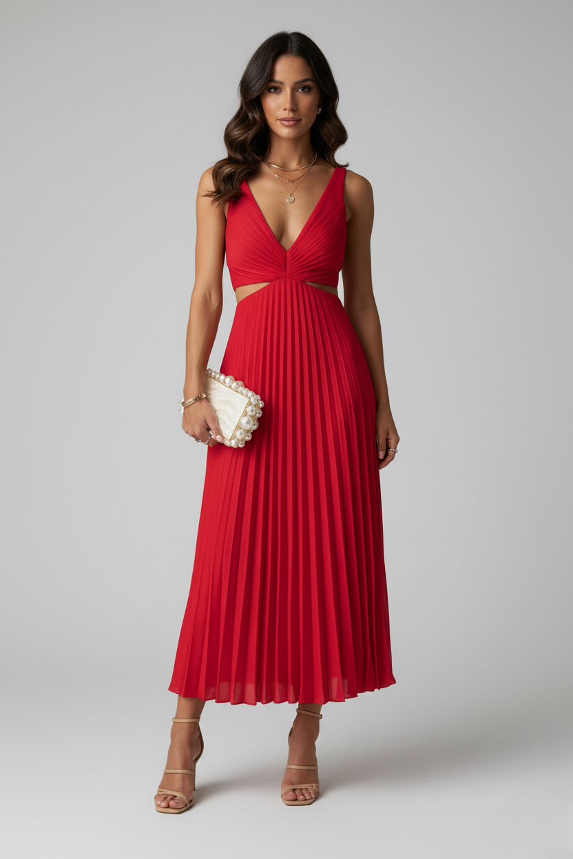 Aveline Pleated Wedding Guest Midi Dress – Elegant Flow Fit-Midi Dresses-Red-S-Camoufit