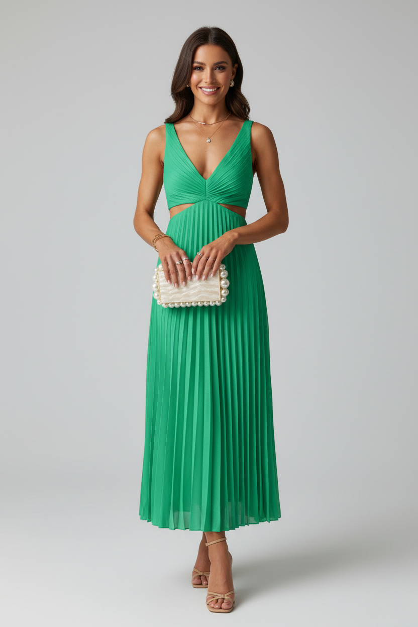 Aveline Pleated Wedding Guest Midi Dress – Elegant Flow Fit-Midi Dresses-Green-S-Camoufit