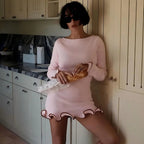 Elysia | Women's Ruffle Mini Dress – Long Sleeve Bodycon Elegant Fit-Dresses-Pink-XS-