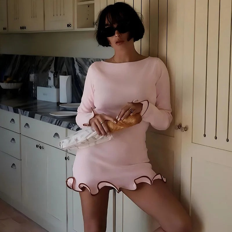 Elysia | Women's Ruffle Mini Dress – Long Sleeve Bodycon Elegant Fit-Dresses-Pink-XS-