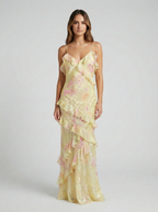Roséa | Women's Ruffle Maxi Dress – Open Back Flowy Elegant Fit-Summer Dress-Yellow-S-
