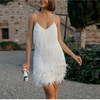 Women's Feather Mini Dress – Glimmer Party Evening Fit-Mini Dress-White-S-