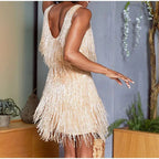 Women's Feather Mini Dress – Glimmer Party Evening Fit-Mini Dress-Gold-S-