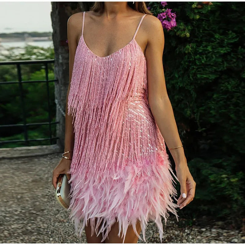 Women's Feather Mini Dress – Glimmer Party Evening Fit-Mini Dress-Pink-S-