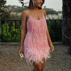 Women's Feather Mini Dress – Glimmer Party Evening Fit-Mini Dress-Gold-S-