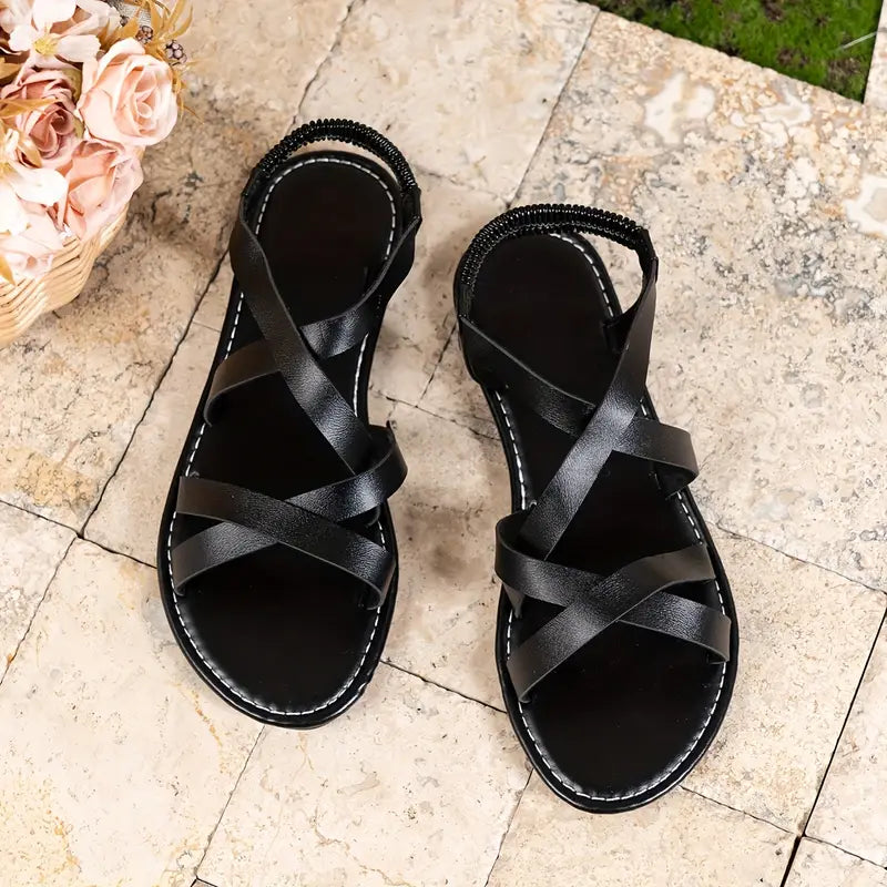 Golden Escape Criss-Cross Flat Sandals – Elegant Slip-On Summer Style-Women's Sandals-White-4-Camoufit