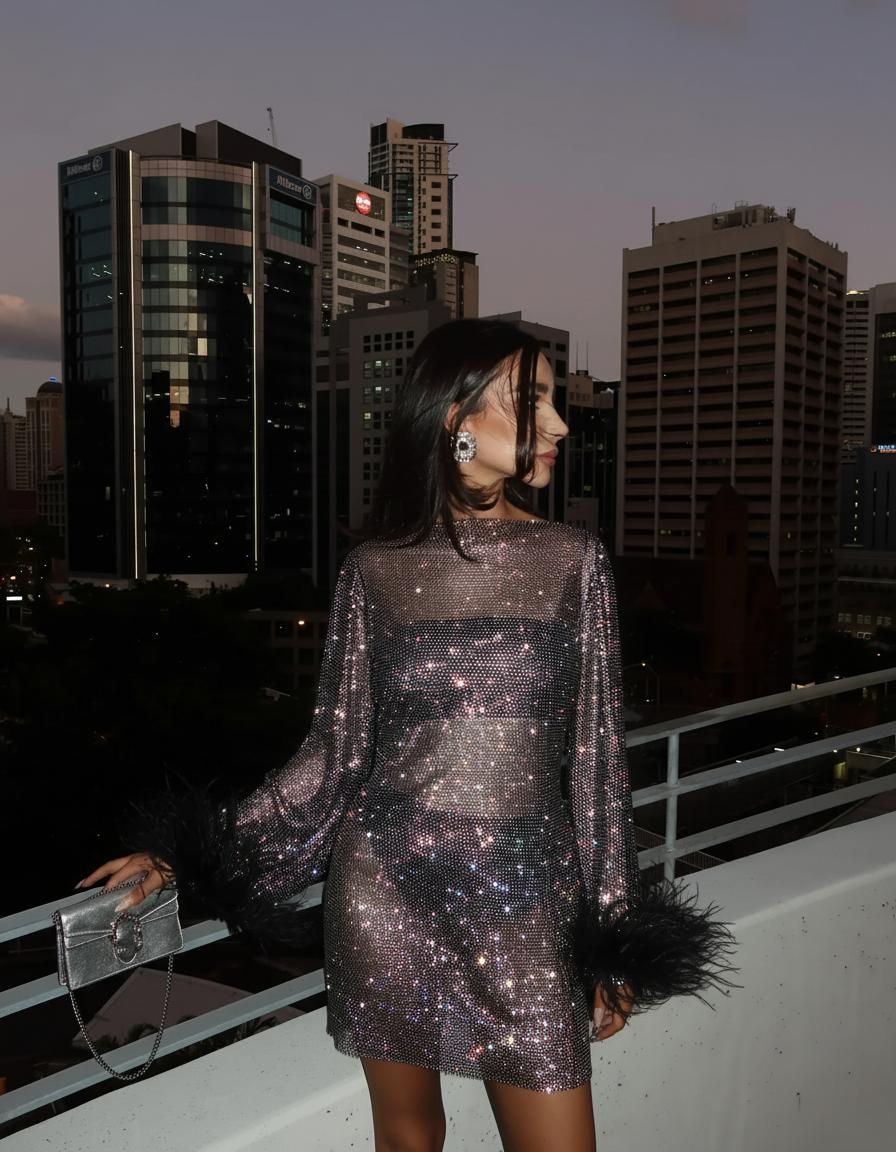Women's Metallic Cocktail Mini Dress – Glamorous Evening Party Fit-Evening Dress-Black-S-