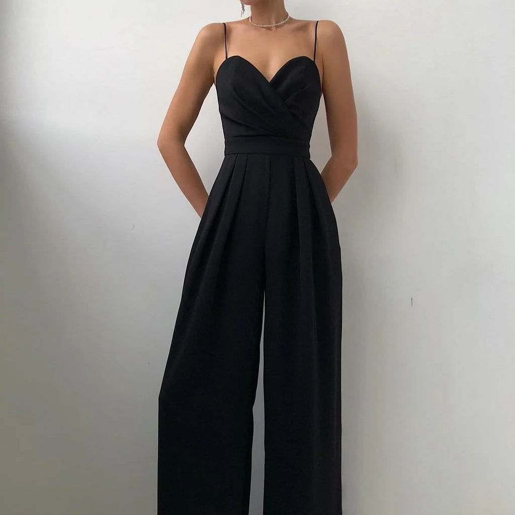 Lunessa | Women's Pleated Wide Leg Jumpsuit Tailored Waist Elegant Flowy Evening Playsuit-Jumpsuit-Black-S-Camoufit