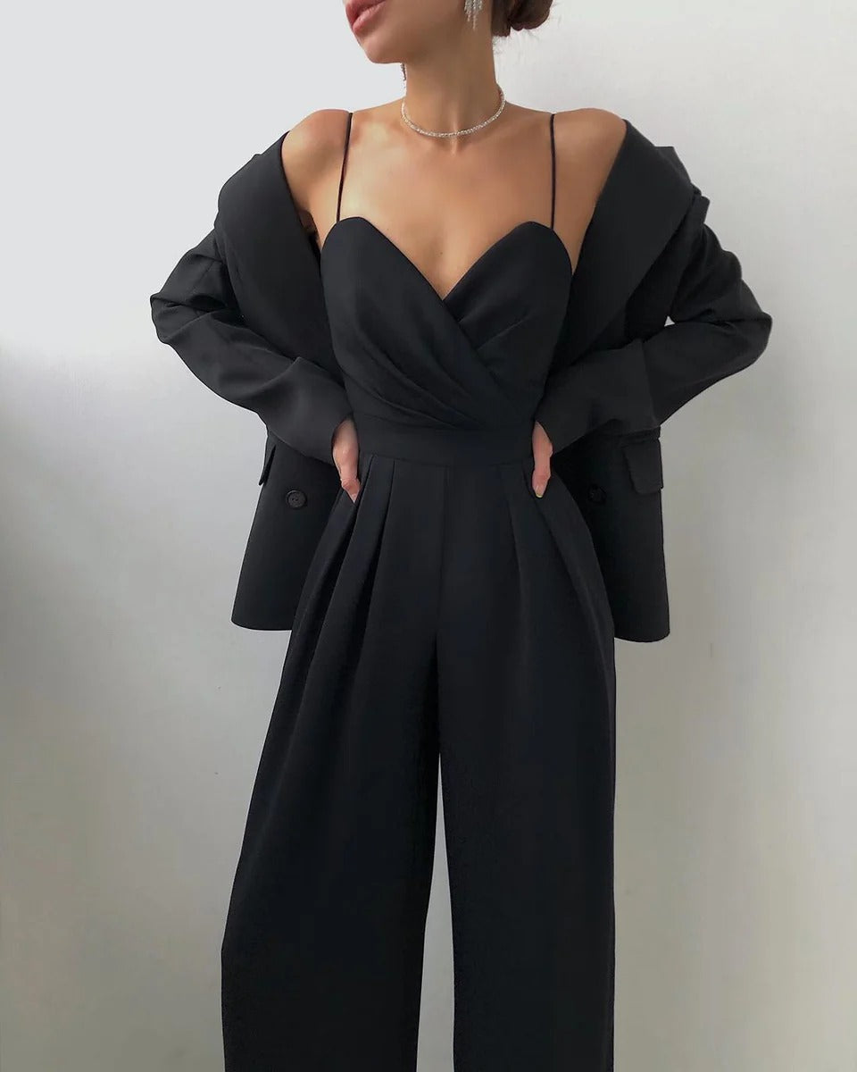 Lunessa | Women's Pleated Wide Leg Jumpsuit Tailored Waist Elegant Flowy Evening Playsuit-Jumpsuit-Black-S-Camoufit