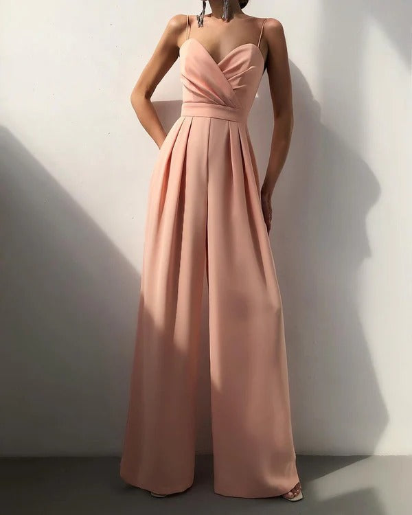 Lunessa | Women's Pleated Wide Leg Jumpsuit Tailored Waist Elegant Flowy Evening Playsuit-Jumpsuit-Pink-S-Camoufit