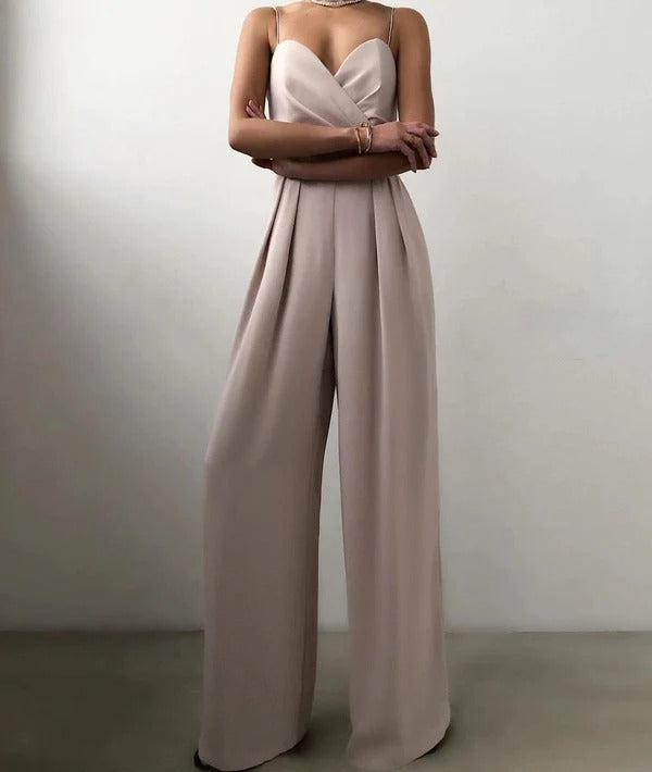 Lunessa | Women's Pleated Wide Leg Jumpsuit Tailored Waist Elegant Flowy Evening Playsuit-Jumpsuit-Apricot-S-Camoufit