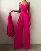 Lunessa | Women's Pleated Wide Leg Jumpsuit Tailored Waist Elegant Flowy Evening Playsuit-Jumpsuit-Magenta-S-Camoufit