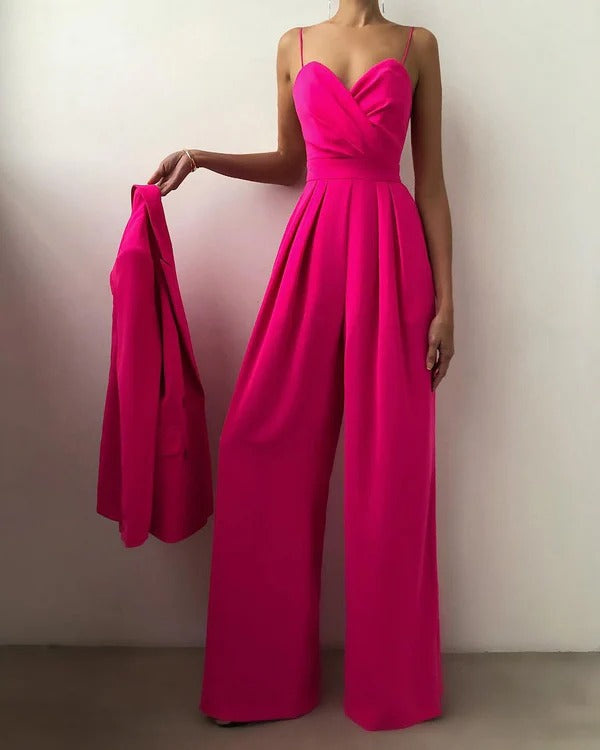 Lunessa | Women's Pleated Wide Leg Jumpsuit Tailored Waist Elegant Flowy Evening Playsuit-Jumpsuit-Magenta-S-Camoufit