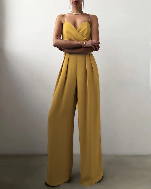 Lunessa | Women's Pleated Wide Leg Jumpsuit Tailored Waist Elegant Flowy Evening Playsuit-Jumpsuit-Yellow-S-Camoufit