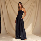 Vionelle | Women's Strapless Wide Leg Jumpsuit Tailored Waist Pockets Elegant Evening Playsuit-Jumpsuit-Black-XS-Camoufit