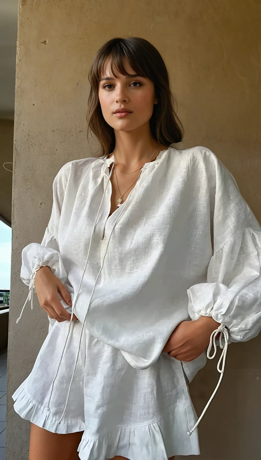 Amélis | Cotton Lounge Set for Women - Ruffle Hem Tie Sleeve Relaxed Fit-Women's Two Piece Sets-White-S-Camoufit