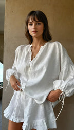 Amélis | Cotton Lounge Set for Women - Ruffle Hem Tie Sleeve Relaxed Fit-Women's Two Piece Sets-White-S-Camoufit