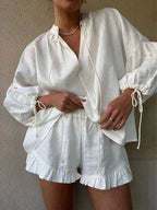 Amélis | Cotton Lounge Set for Women - Ruffle Hem Tie Sleeve Relaxed Fit-Women's Two Piece Sets-White-S-Camoufit