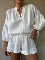 Amélis | Cotton Lounge Set for Women - Ruffle Hem Tie Sleeve Relaxed Fit-Women's Two Piece Sets-White-S-Camoufit