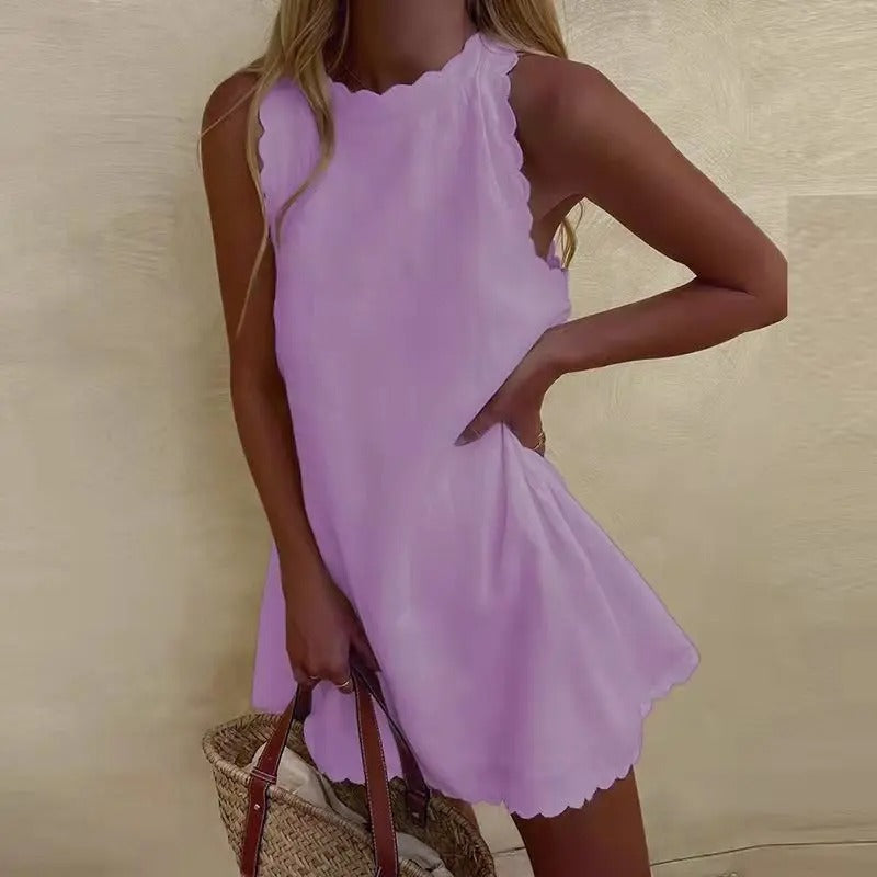 Amélis | Women's Sleeveless Mini Dress – Scallop Trim A Line Fit-Dresses-Purple-S-