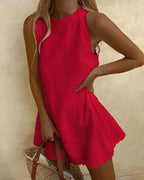 Amélis | Women's Sleeveless Mini Dress – Scallop Trim A Line Fit-Dresses-Red-S-