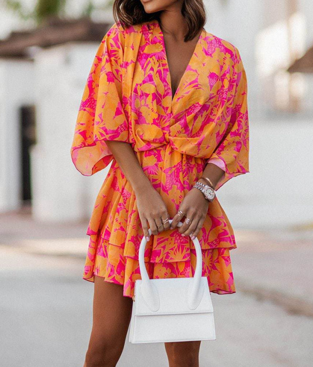 Women's Floral Mini Dress – Twist Front Ruffle Summer Fit-Dresses-Orange-S-