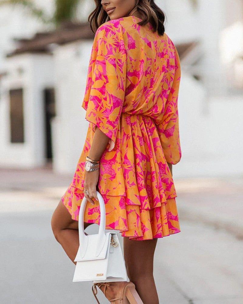 Women's Floral Mini Dress – Twist Front Ruffle Summer Fit-Dresses-Orange-S-