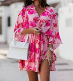 Women's Floral Mini Dress – Twist Front Ruffle Summer Fit-Dresses-Pink Flower-S-