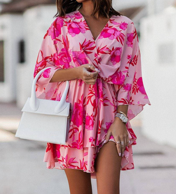 Women's Floral Mini Dress – Twist Front Ruffle Summer Fit-Dresses-Pink Flower-S-