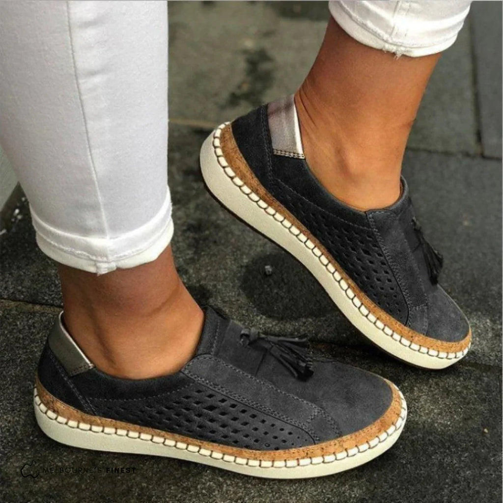 Rovelle | Women's Perforated Slip On Sneakers – Cushioned Breathable Comfort Fit-Women's Sneakers-Black-3-